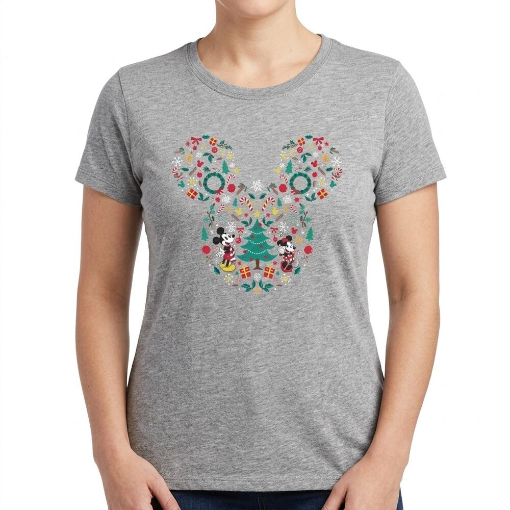 Disney Mickey Mouse Ears Friends Gray Christmas Holiday Tee Shirt Women's size L